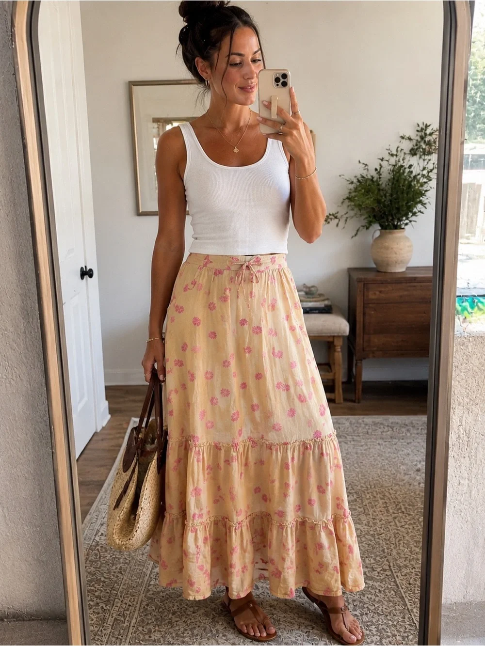 Old Navy Yellow Maxi Skirt with Pink Floral Print